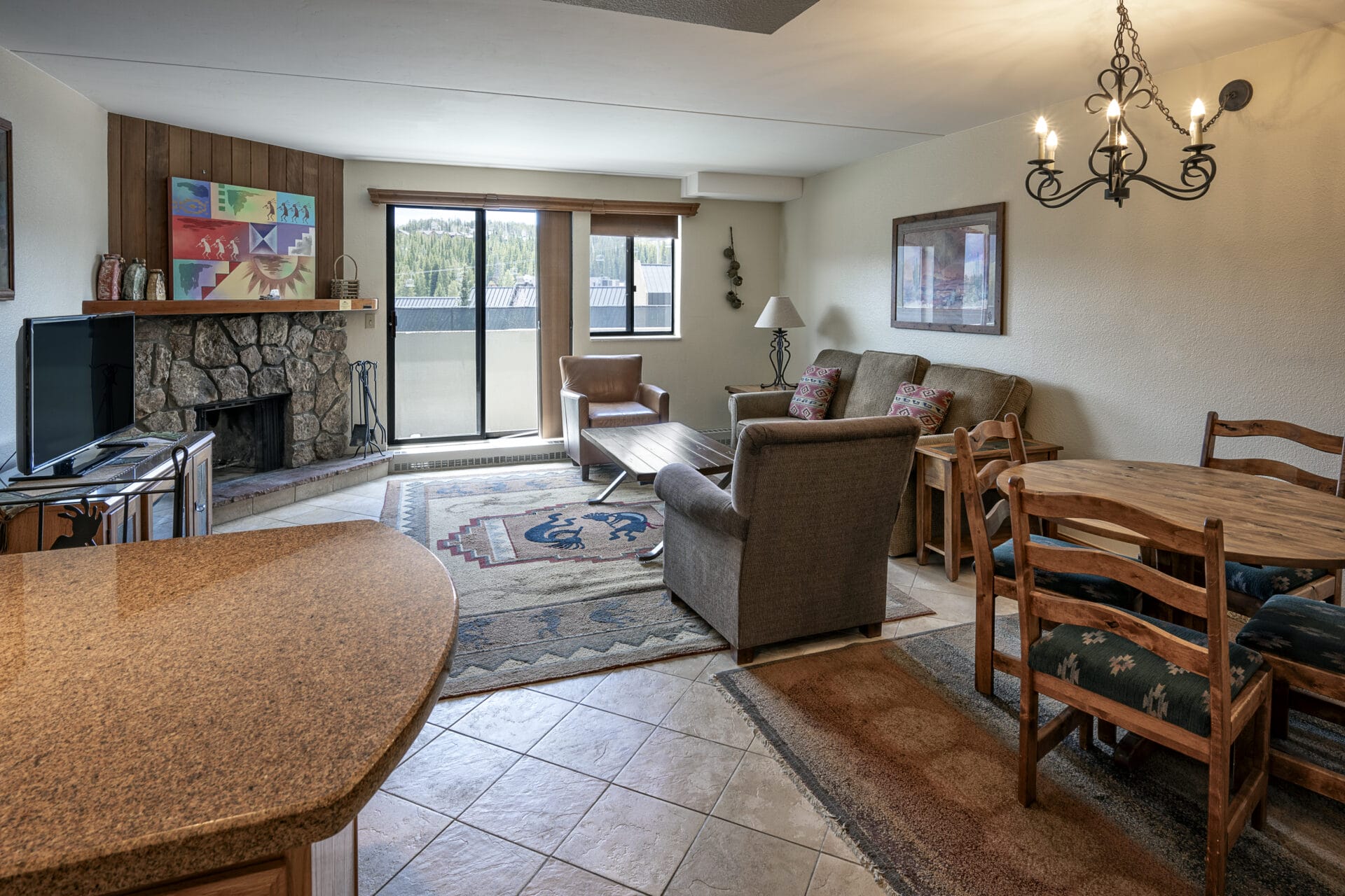 One bedroom suite bedroom living room and dining table