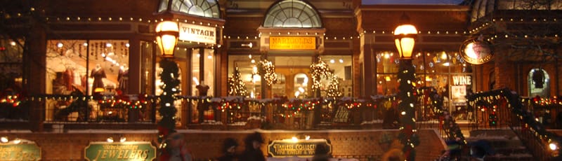 main street light up with christmas lights in the winter