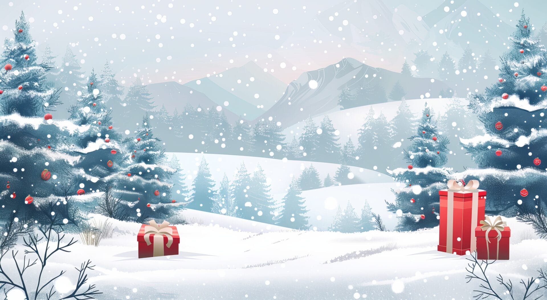 Holiday Cartoon Graphic of snowy mountain scene with presents