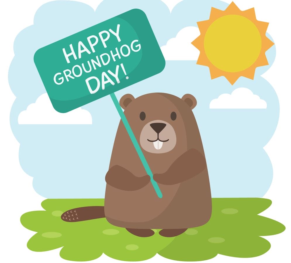 Cute cartoon groundhog holding a groundhog day sign