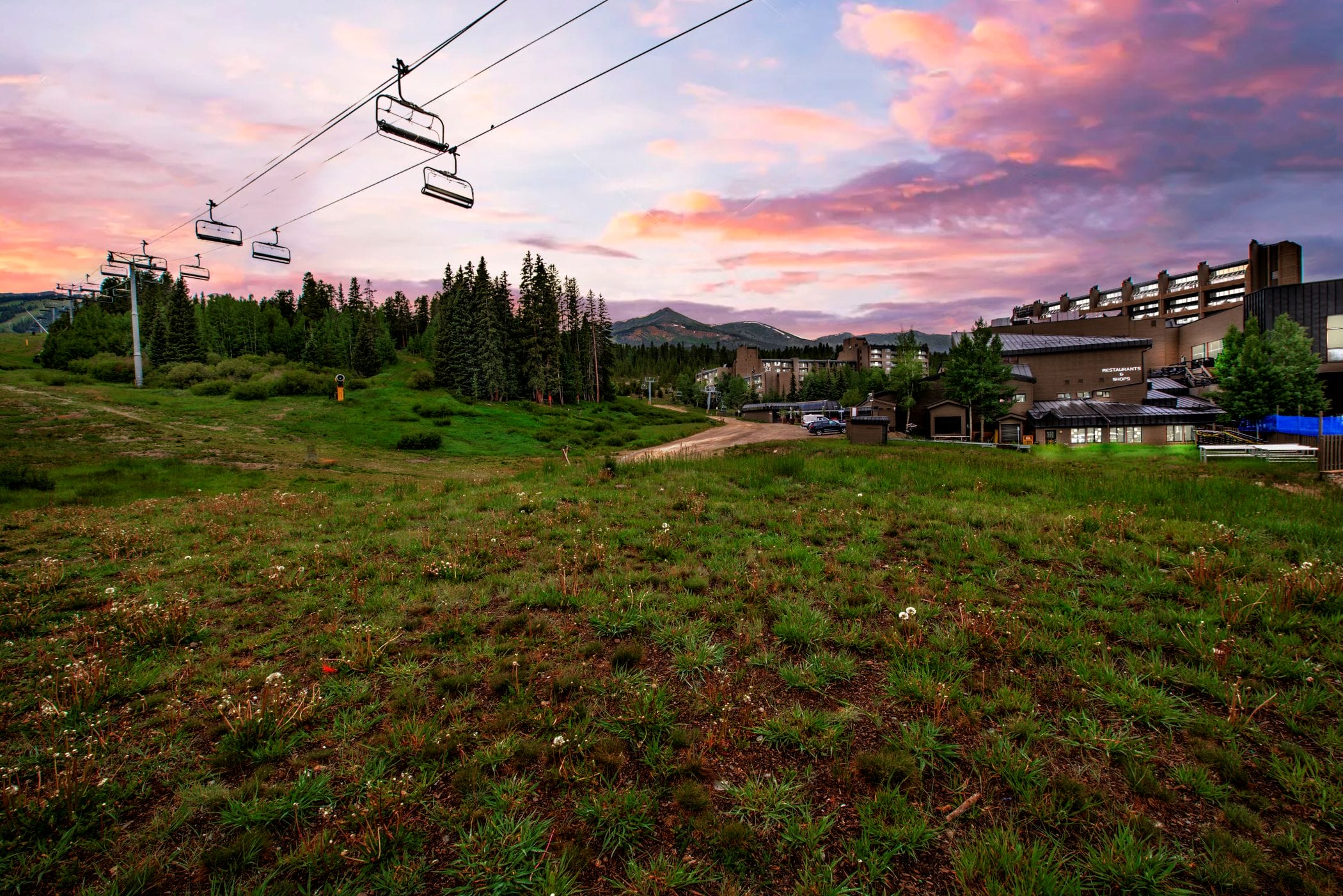 ski run and chairlift in the summer twilight