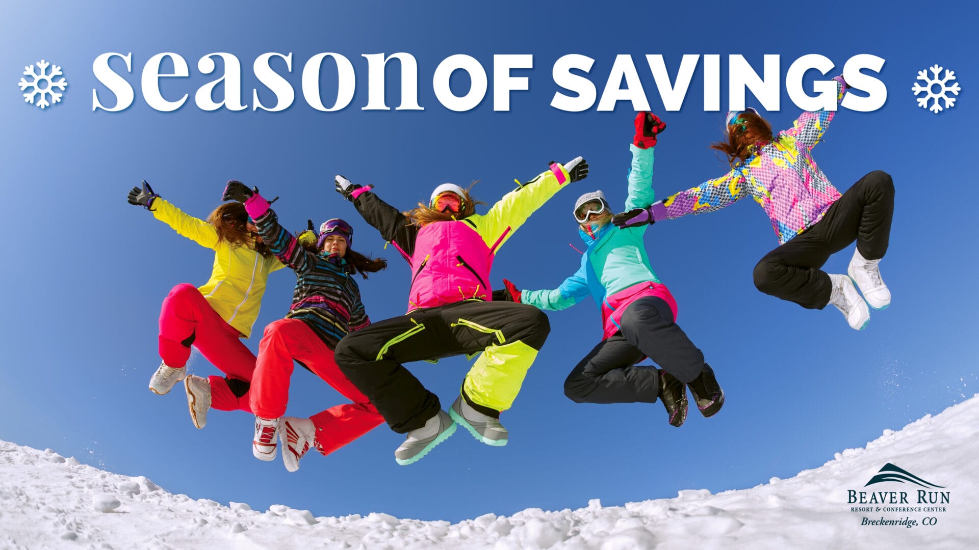 Season of Savings skiers jumping in air